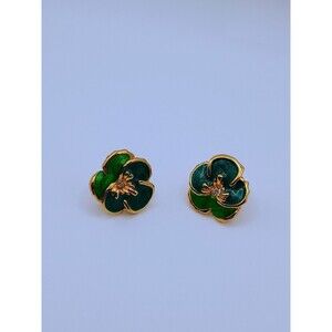 Vintage 1989 Avon Pansy Stud Earrings, Green And Blue Gold Plated